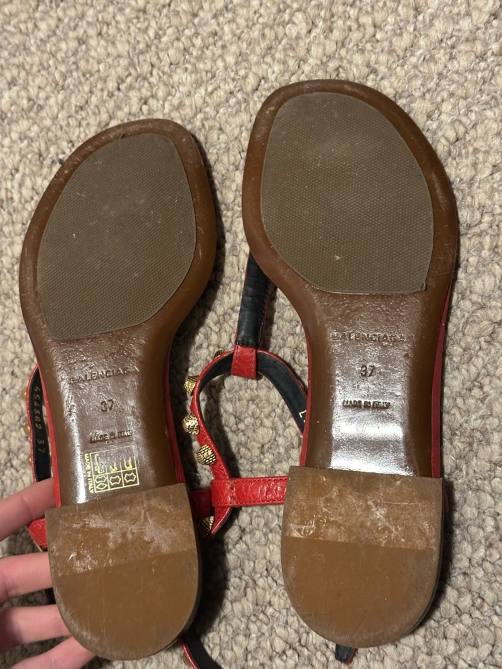 Balenciaga Red Leather Studded T-Strap Sandals with Gold Accents - Picture 4 of 5
